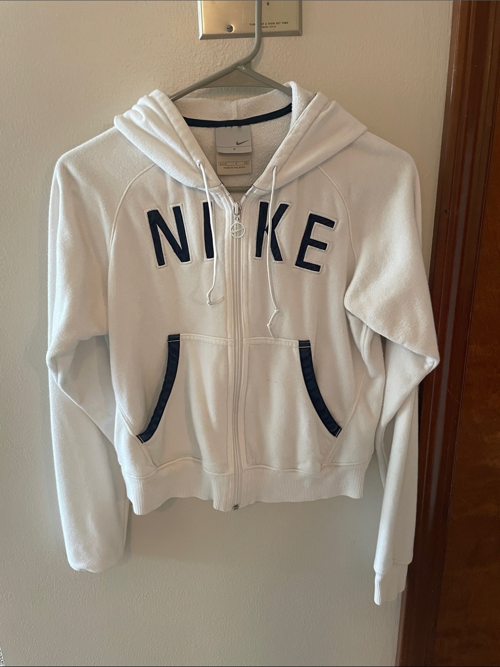 Nike White Zip Hoodie with Navy Lettering